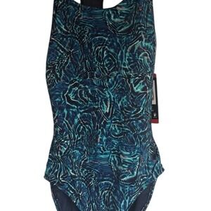 TYR Womens Controlfit One Piece Swimsuit Blue Green Ripple Print UPF 50+ Size L